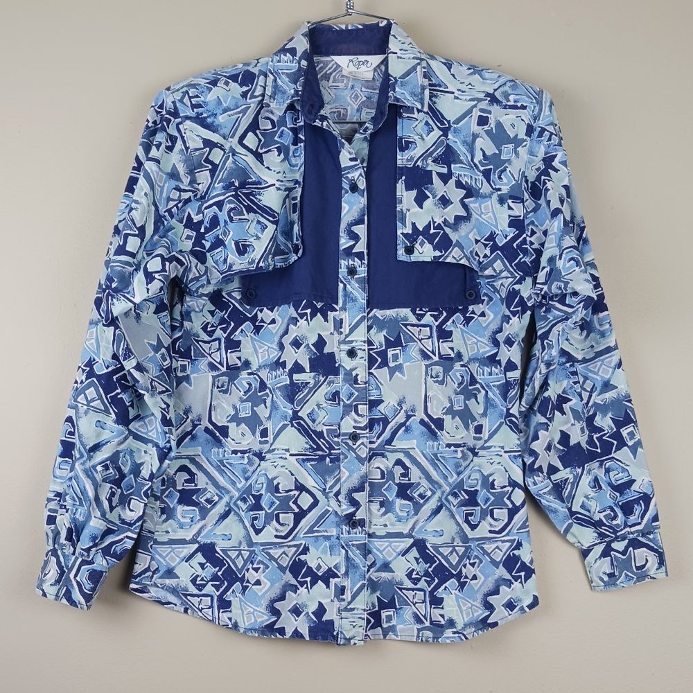 ROPER| Vintage Roper  Blue Aztec Western Southwestern Rodeo Button Down Shirt